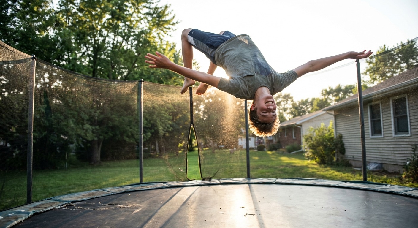 Teenager performing aerial tricks on a performance trampoline at a Melbourne park