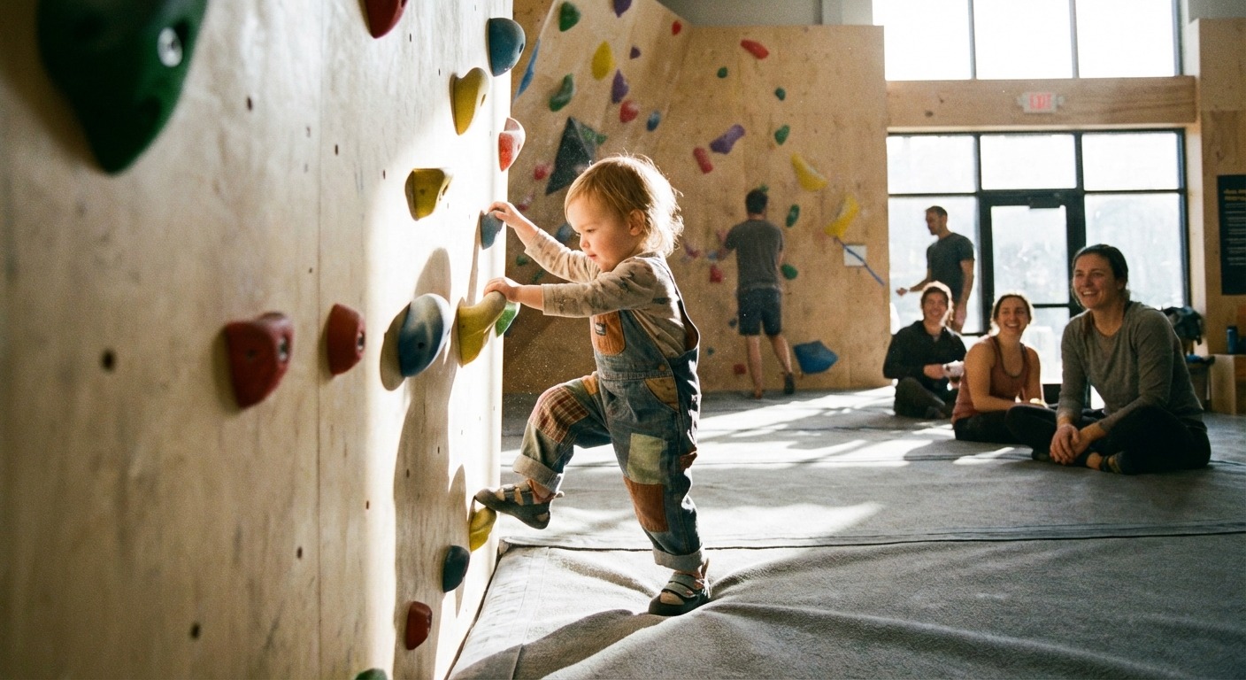 Child climbing a bouldering wall at an indoor gym in Melbourne