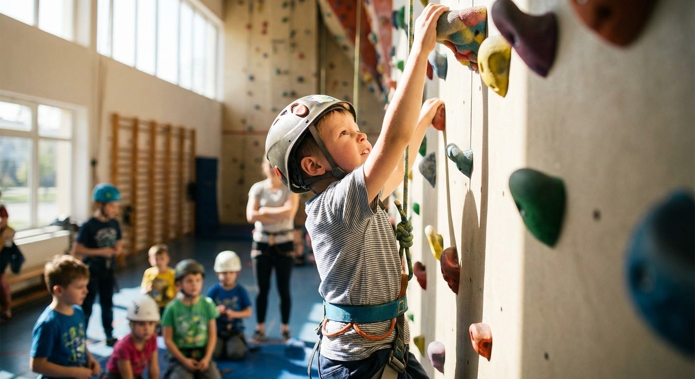 Child reaching for the next hold on an indoor climbing wall