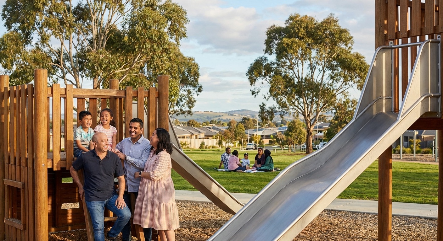 Family enjoying a modern playground at a park in Craigieburn
