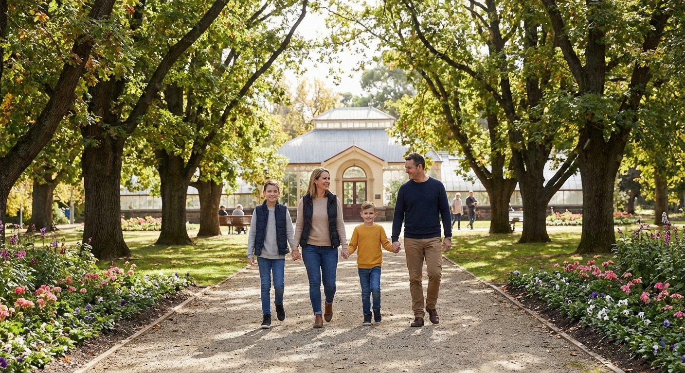 Family strolling through the gardens near Lake Weeroona in Bendigo