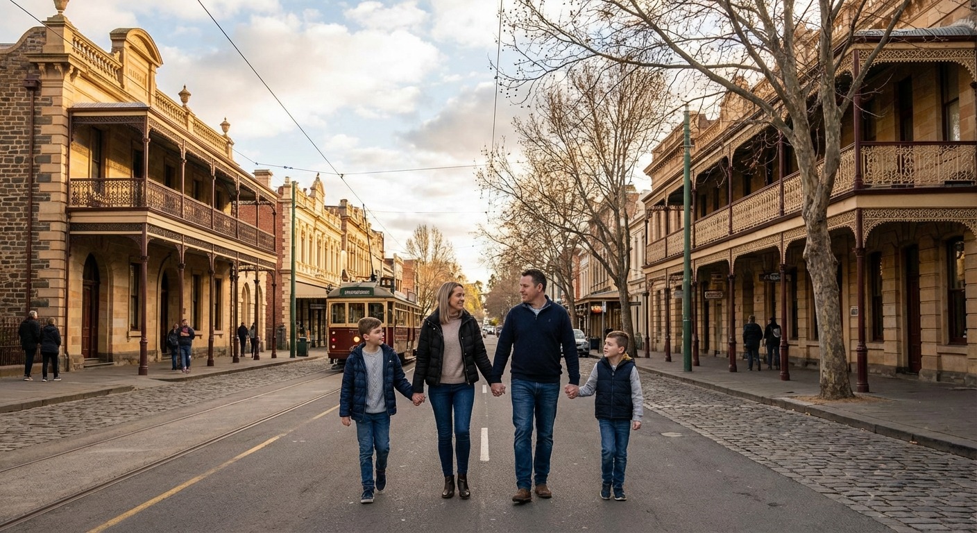 Family walking along a heritage street in central Bendigo