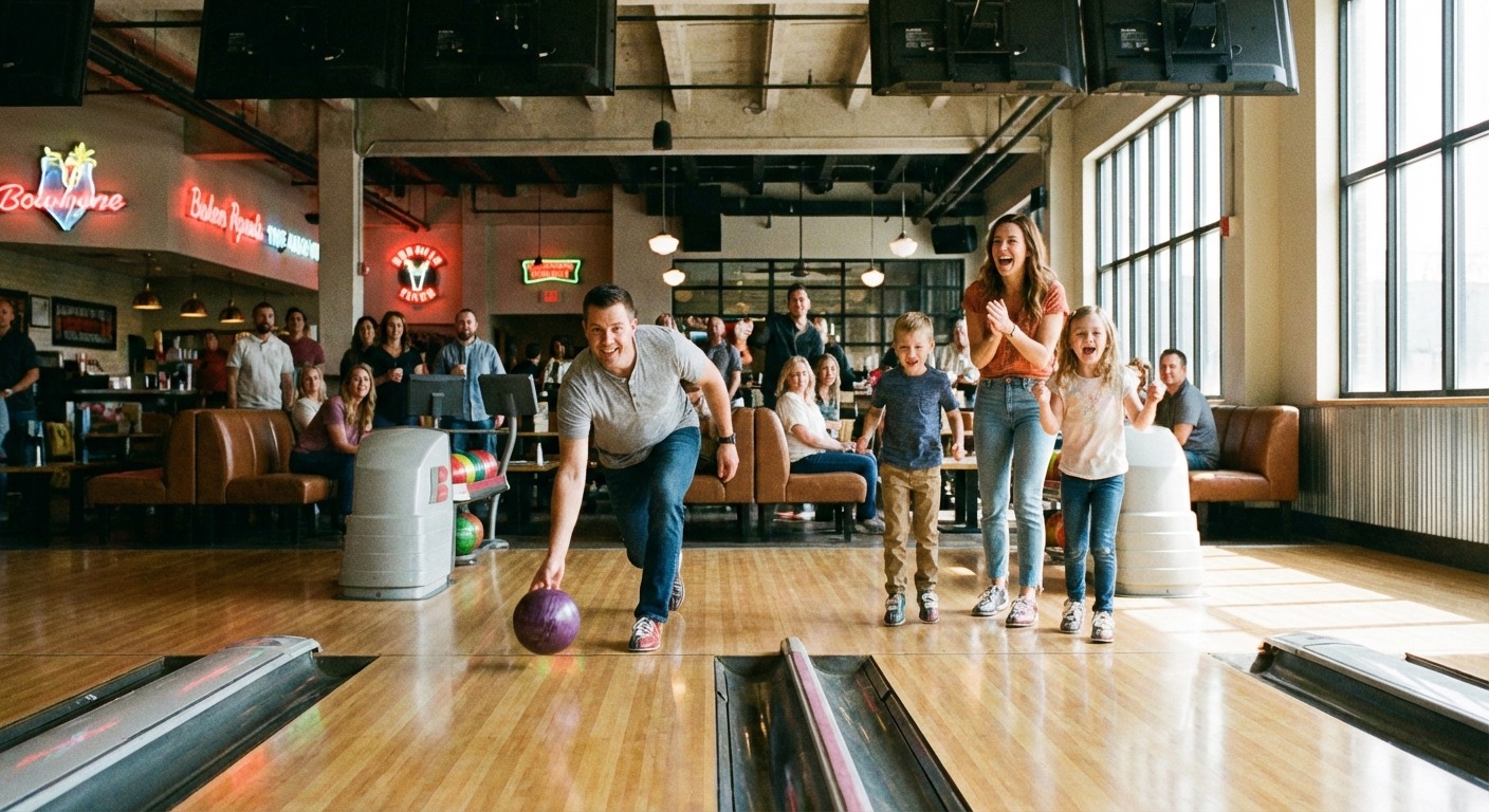 Family enjoying a game of ten-pin bowling at an indoor bowling alley in Melbourne
