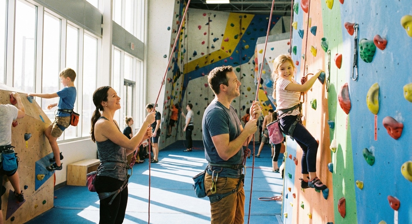 Family at an indoor climbing gym in Melbourne with kids on the wall