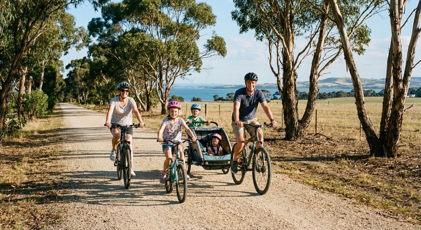 Family cycling along the Bellarine Rail Trail near Geelong