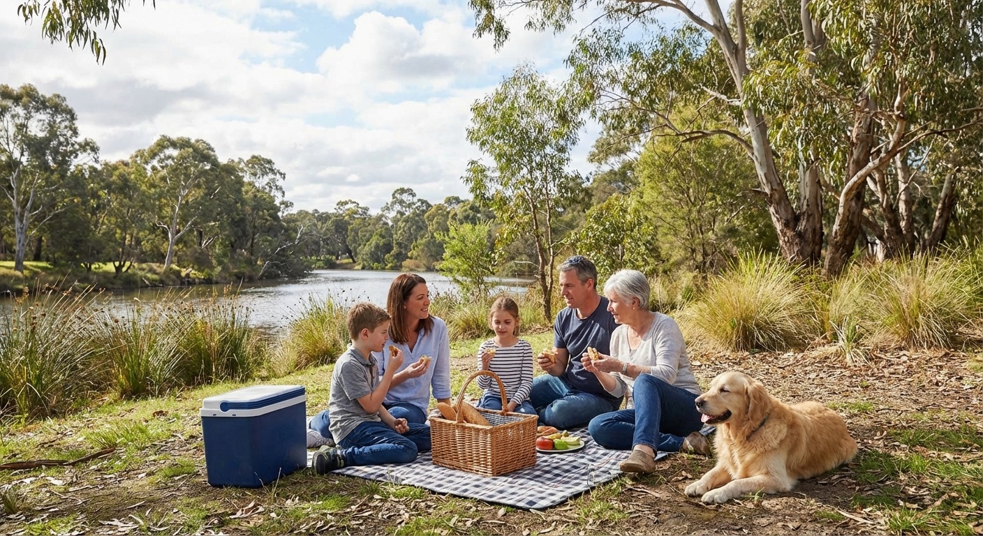 Family having a picnic by the Werribee River on a sunny afternoon