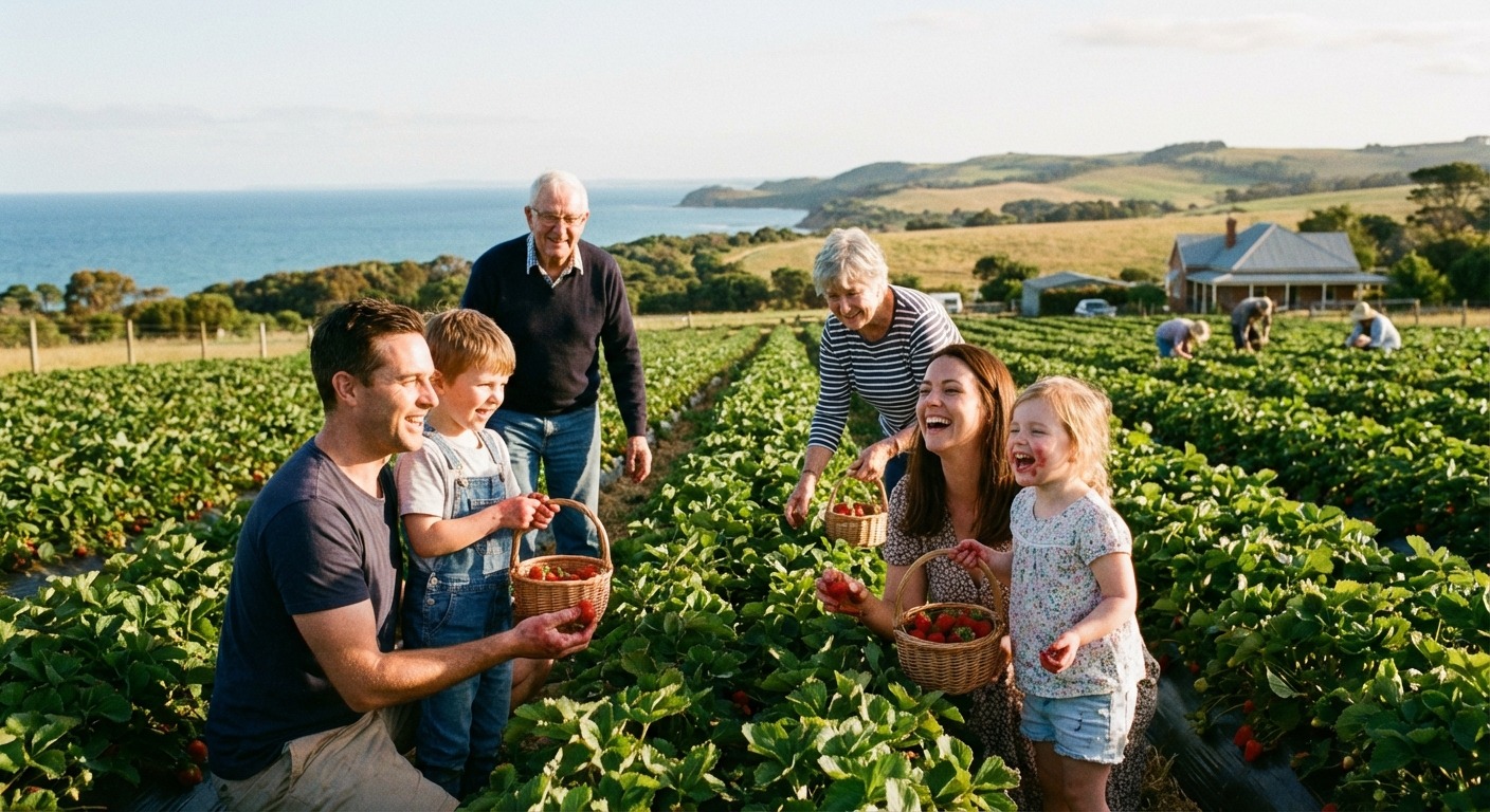 Family picking strawberries at a Mornington Peninsula berry farm