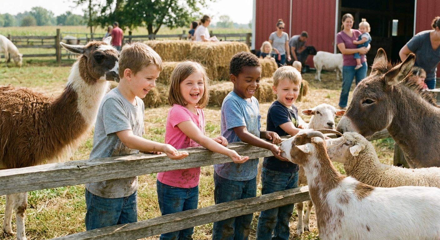 Children feeding and patting farm animals at a petting zoo on the Mornington Peninsula