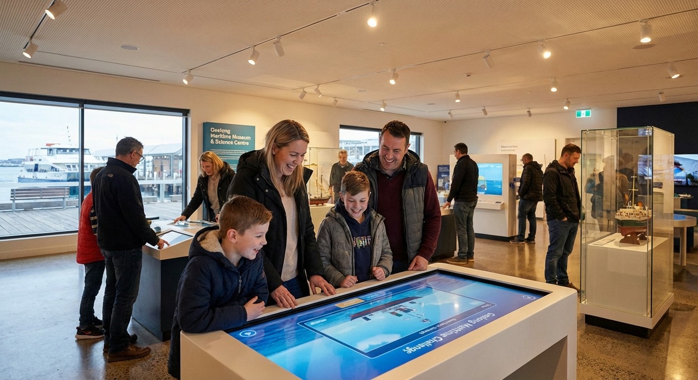 Family visiting the National Wool Museum in central Geelong during school holidays