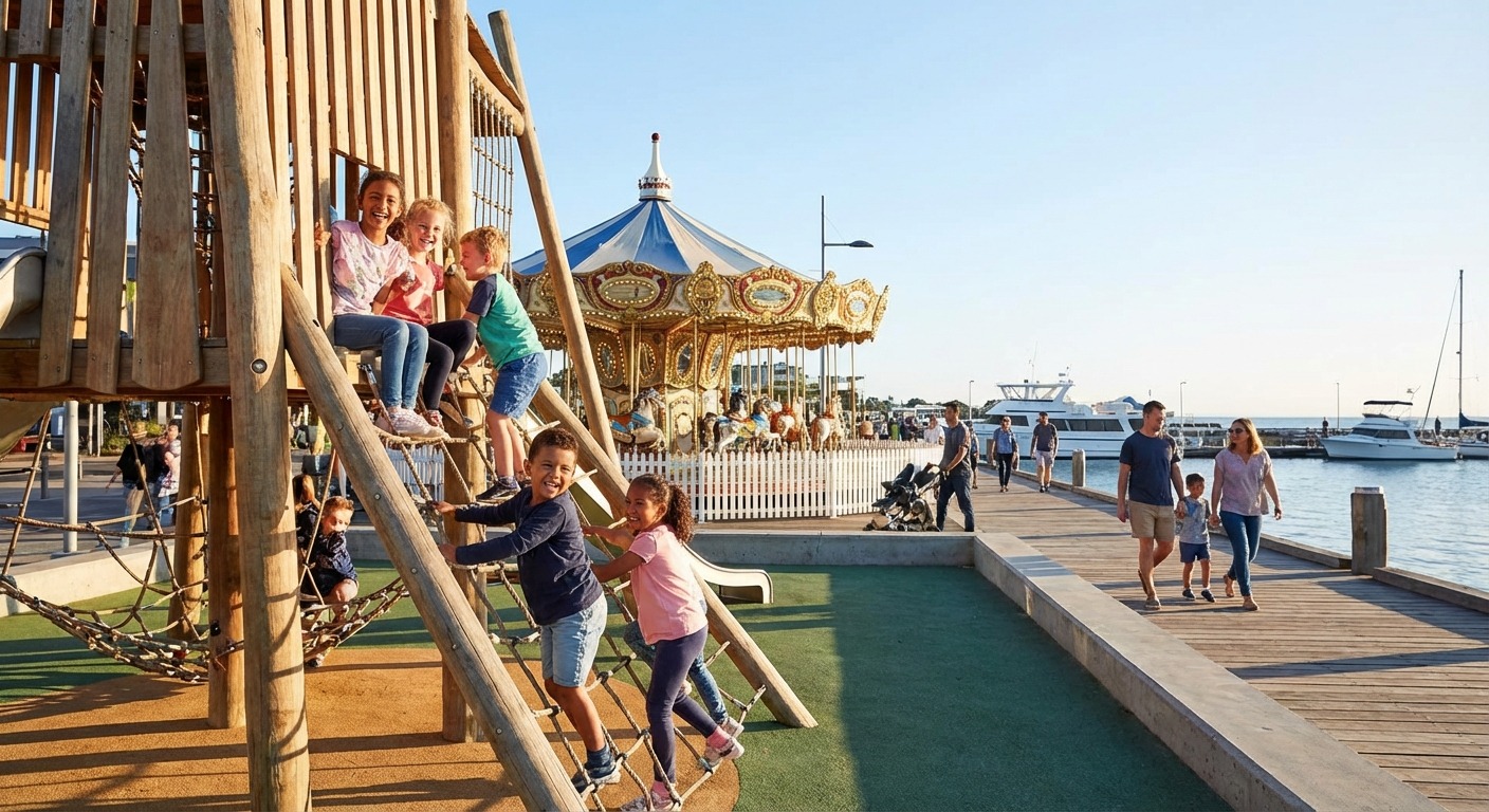 Kids playing at the Geelong Waterfront playground with Corio Bay in the background