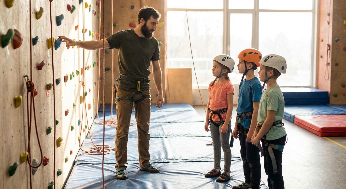 Instructor teaching kids climbing techniques at a Melbourne climbing gym