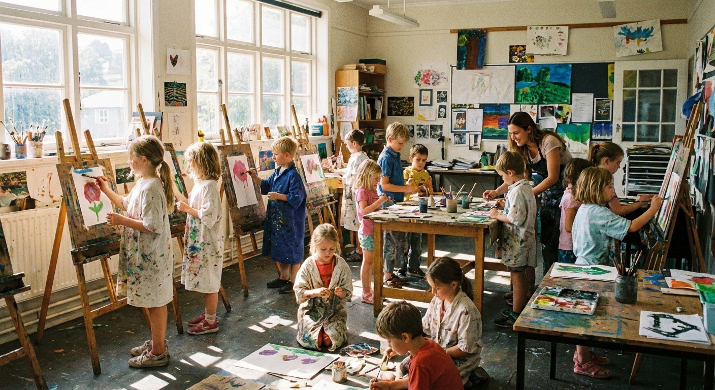 Kids painting in an art class at a Melbourne gallery during school holidays