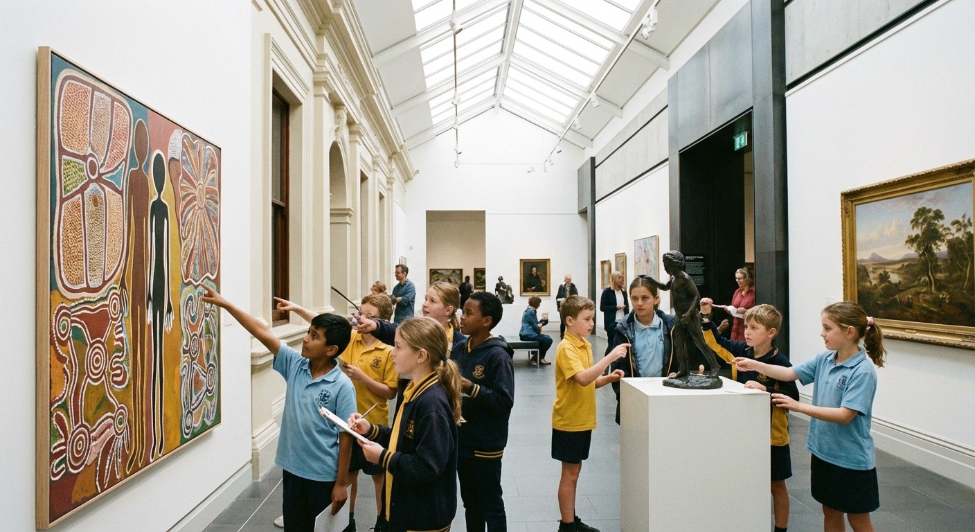 Kids looking at artworks at the Bendigo Art Gallery during school holidays