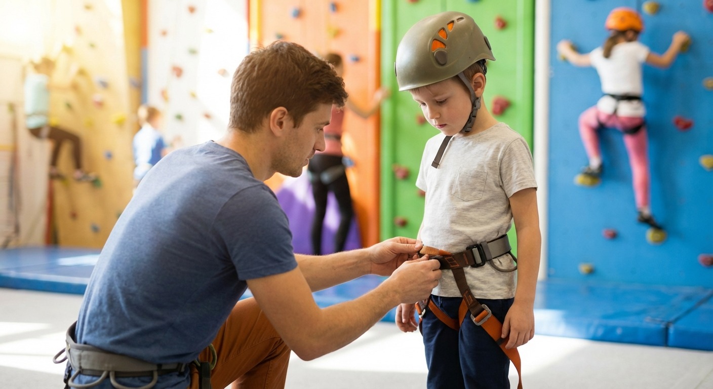 Child being fitted with a climbing harness before their first indoor climb