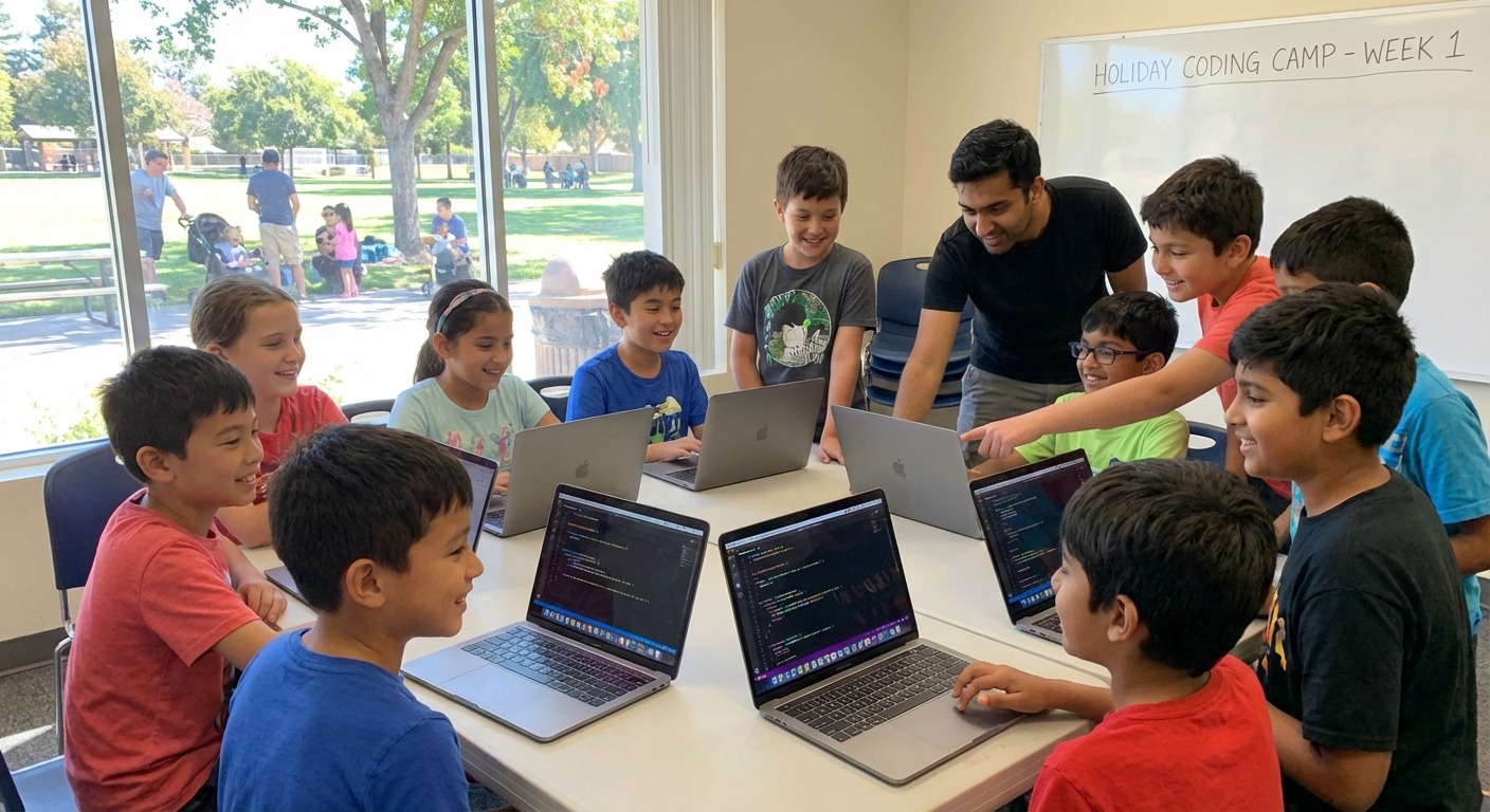 Kids at laptops during a coding workshop at a Victorian school holiday program