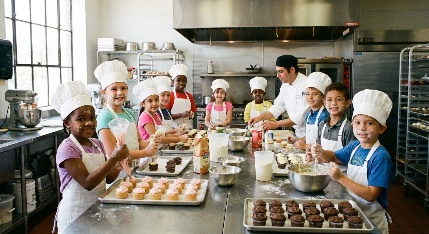 Children in a cooking class baking together during Melbourne school holidays