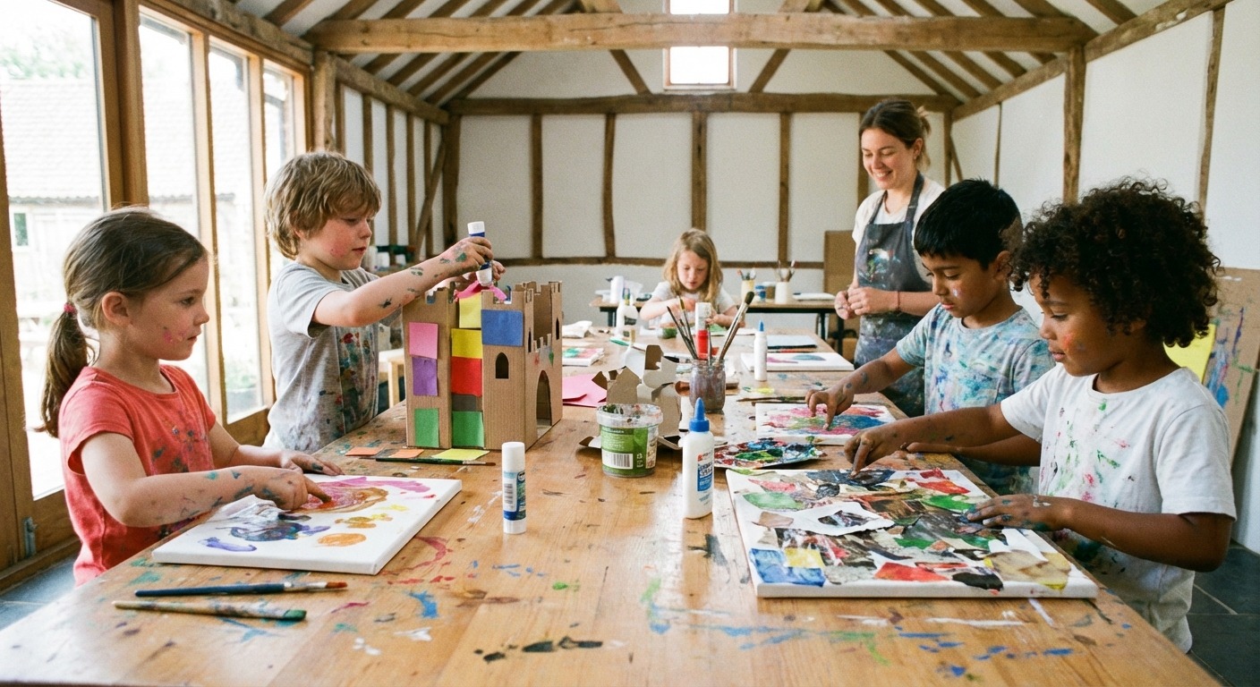 Children creating art and craft projects at a school holiday workshop