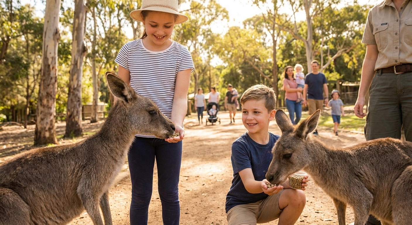 Children hand-feeding kangaroos at a wildlife park near Werribee