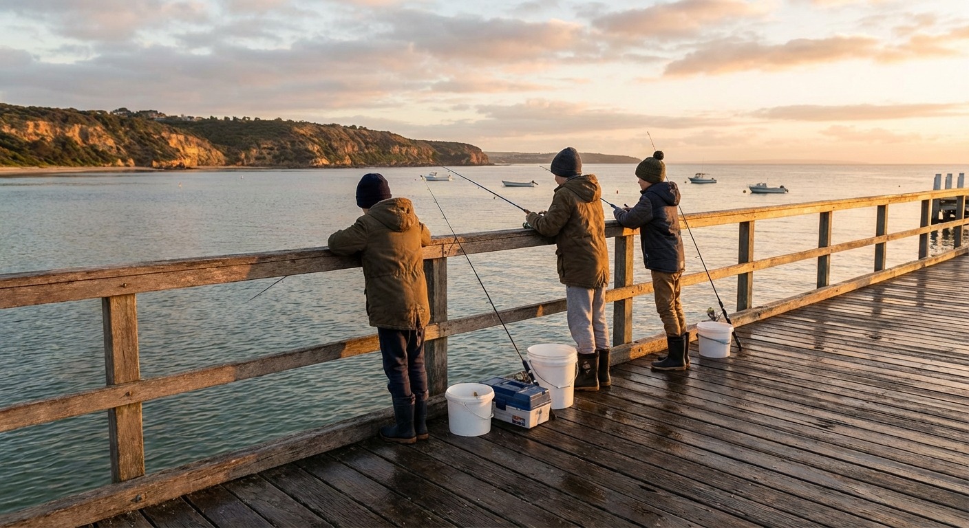 Kids fishing from a pier on the Mornington Peninsula during school holidays