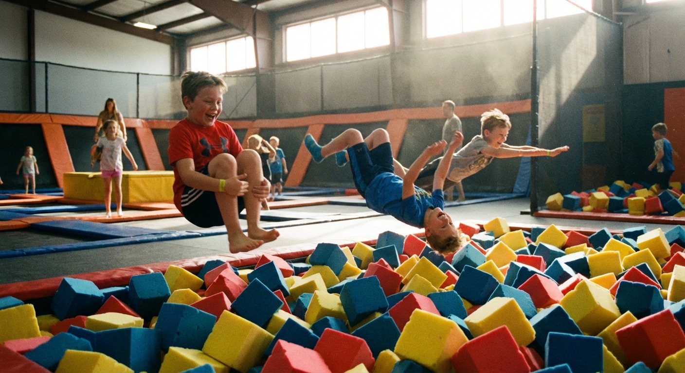 Kids diving into a foam pit from a trampoline at an indoor park in Melbourne