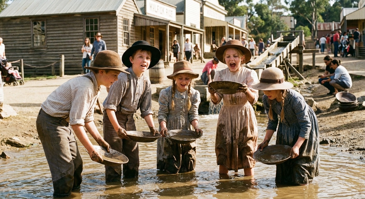 Kids panning for gold at a gold mining experience near Bendigo