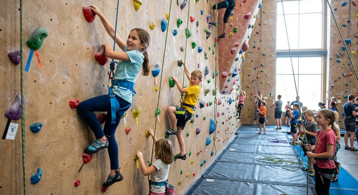 Kids scaling an indoor climbing wall at a Melbourne venue during school holidays