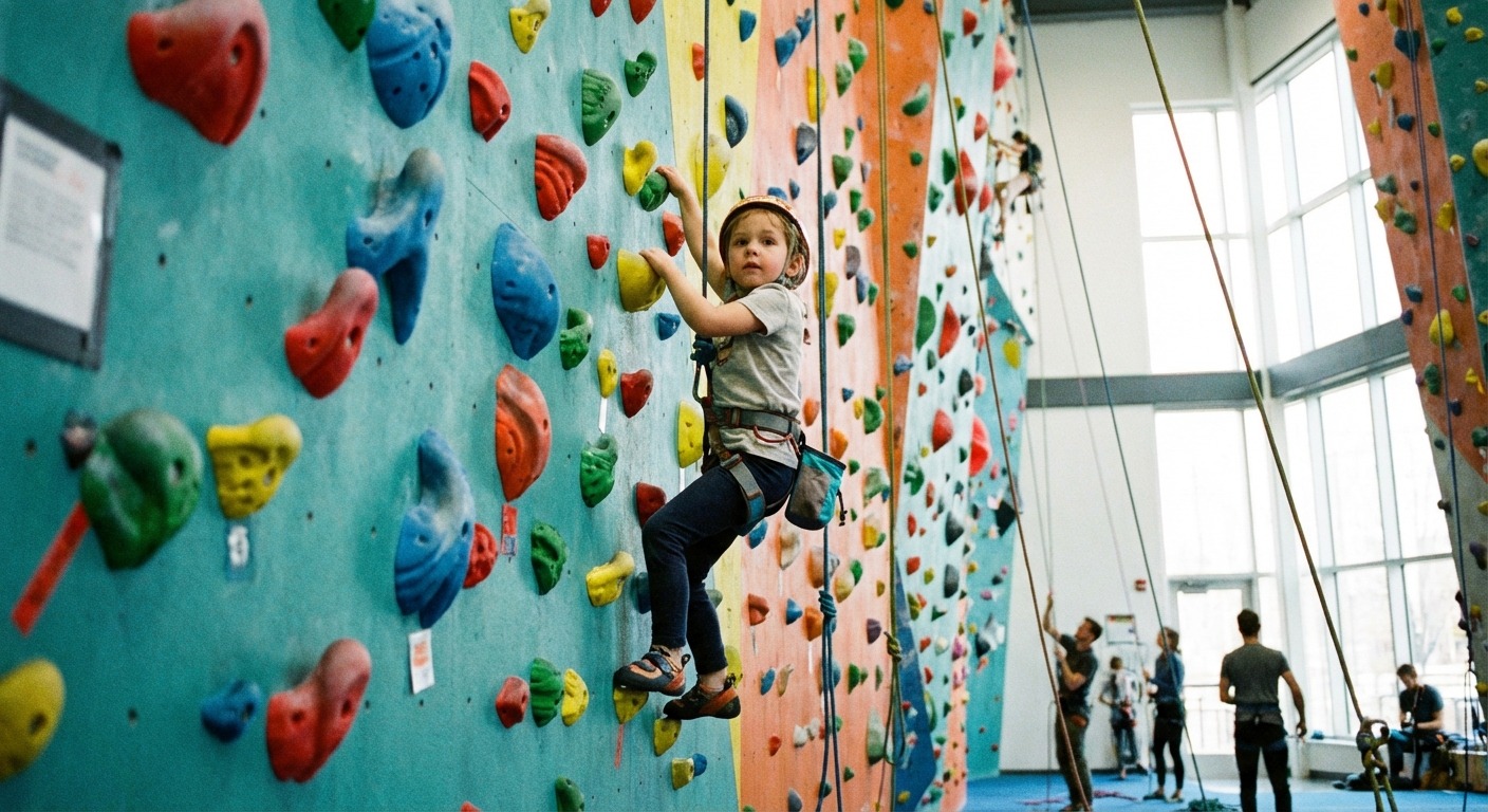 Children climbing a colourful indoor rock climbing wall with safety harnesses
