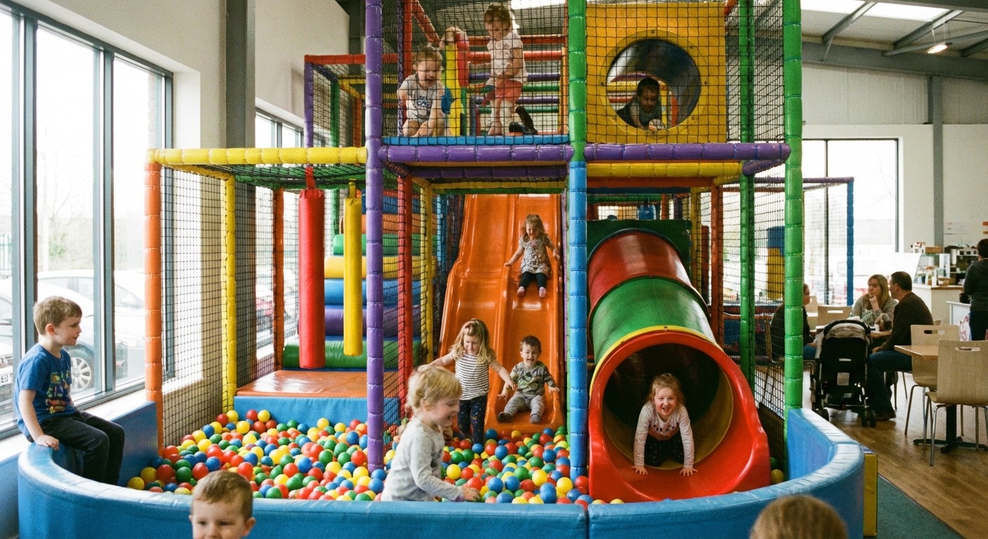 Children playing in a colourful indoor soft play centre with slides and ball pits
