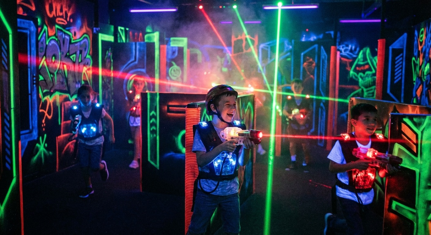 Kids playing laser tag in a dark arena during a Melbourne school holiday outing