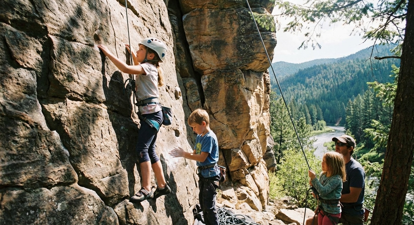 Kids trying outdoor rock climbing on a natural rock face near Melbourne