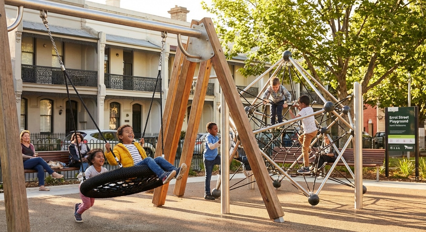 Kids playing on playground equipment at a northern Melbourne suburb park