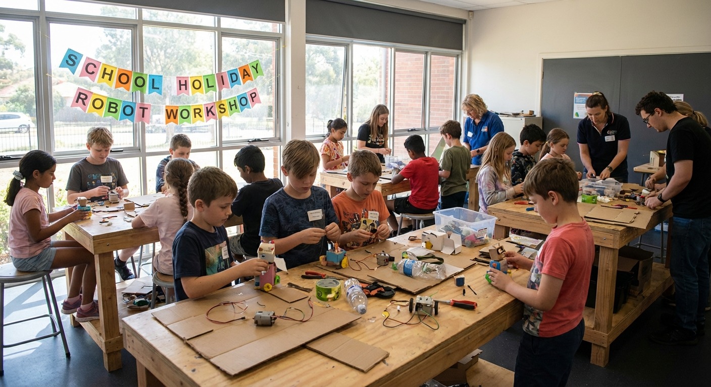 Kids building and programming robots at a school holiday workshop