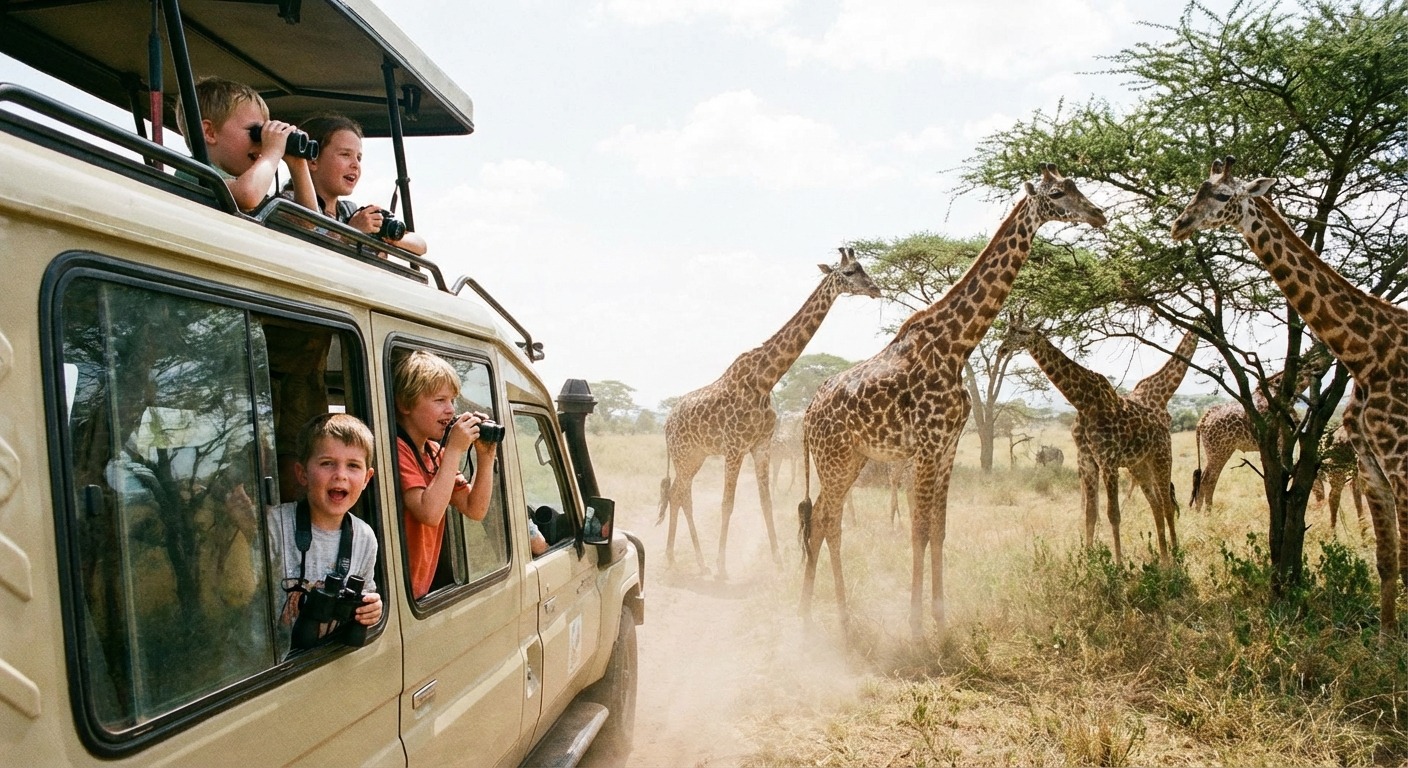 Kids watching giraffes from the safari bus at Werribee Open Range Zoo