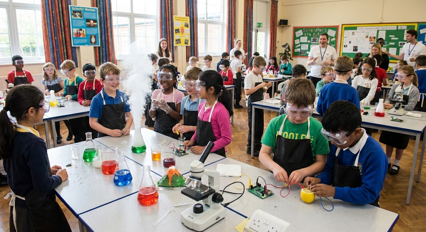 Children doing hands-on science experiments at a school holiday workshop in Victoria