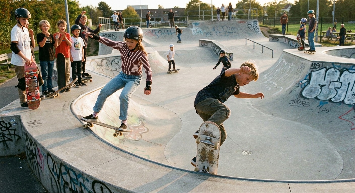 Kids riding scooters and skateboards at a skate park in Craigieburn