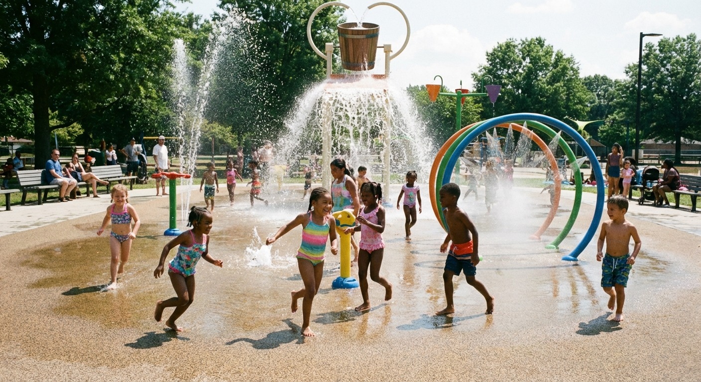 Children playing in a splash park water play area near Werribee