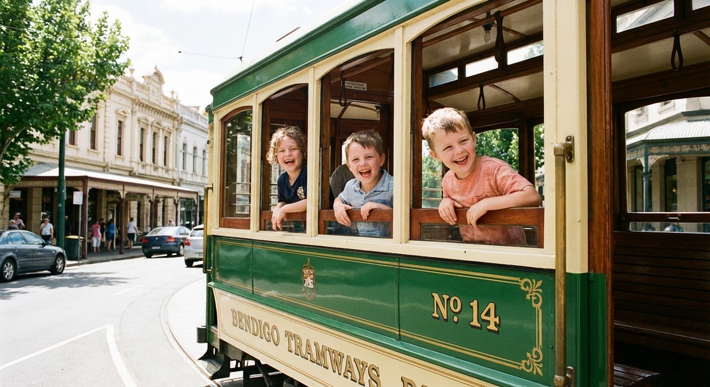Children riding a vintage tram along Pall Mall in Bendigo