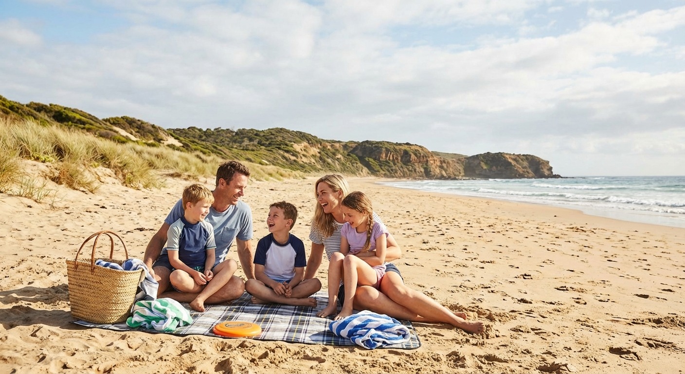 Family enjoying a sunny day at a Mornington Peninsula beach with calm bay water