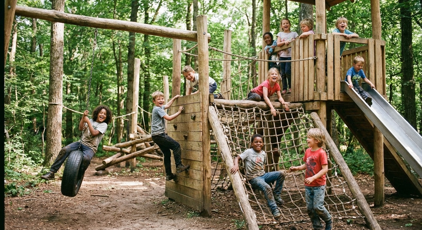 Kids climbing on an outdoor adventure playground in the Werribee area