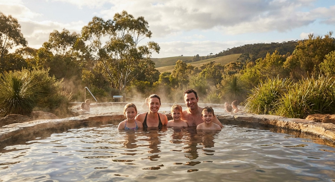 Family relaxing in the geothermal pools at Peninsula Hot Springs