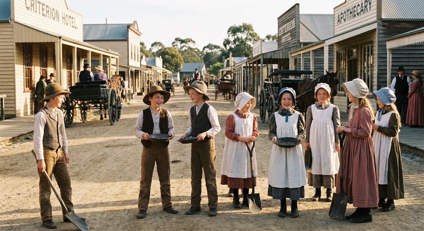 Children dressed in gold rush era costumes at Sovereign Hill Ballarat