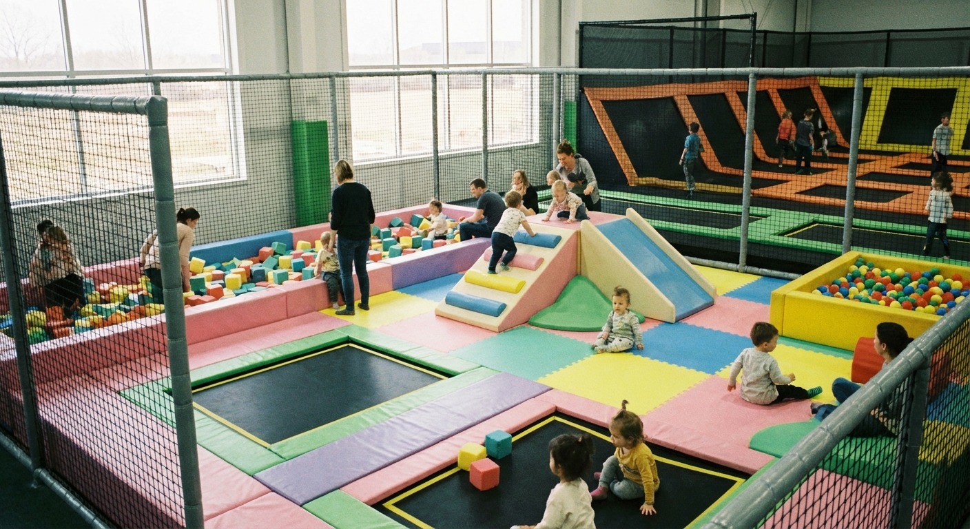 Toddler bouncing in a dedicated young children area at an indoor trampoline park