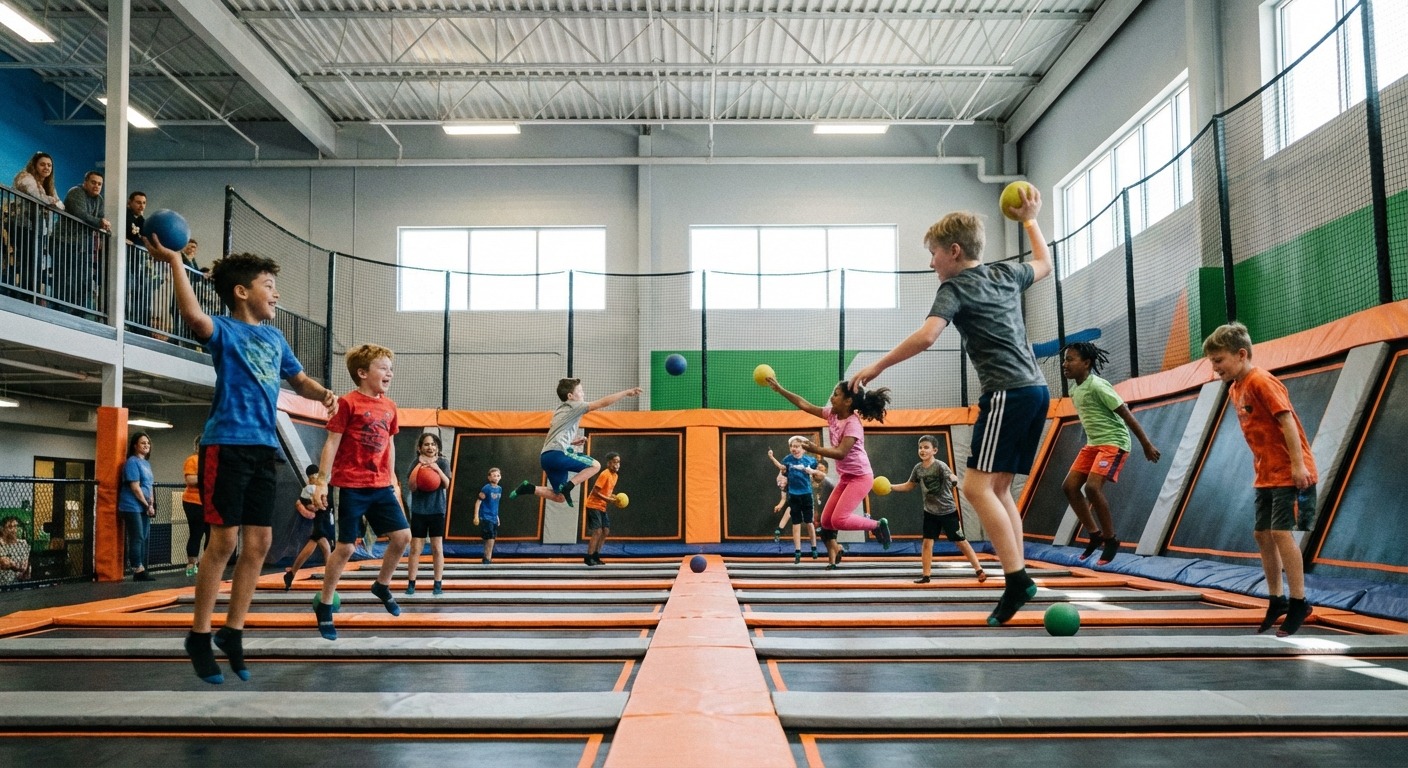 Kids playing trampoline dodgeball at a Melbourne trampoline park