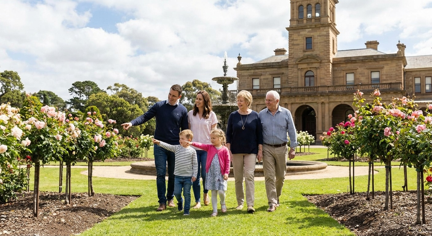 Family exploring the grand formal gardens at Werribee Park Mansion