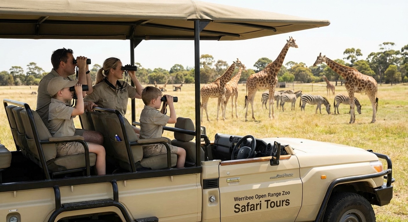Family on the safari bus tour at Werribee Open Range Zoo with giraffes in the background