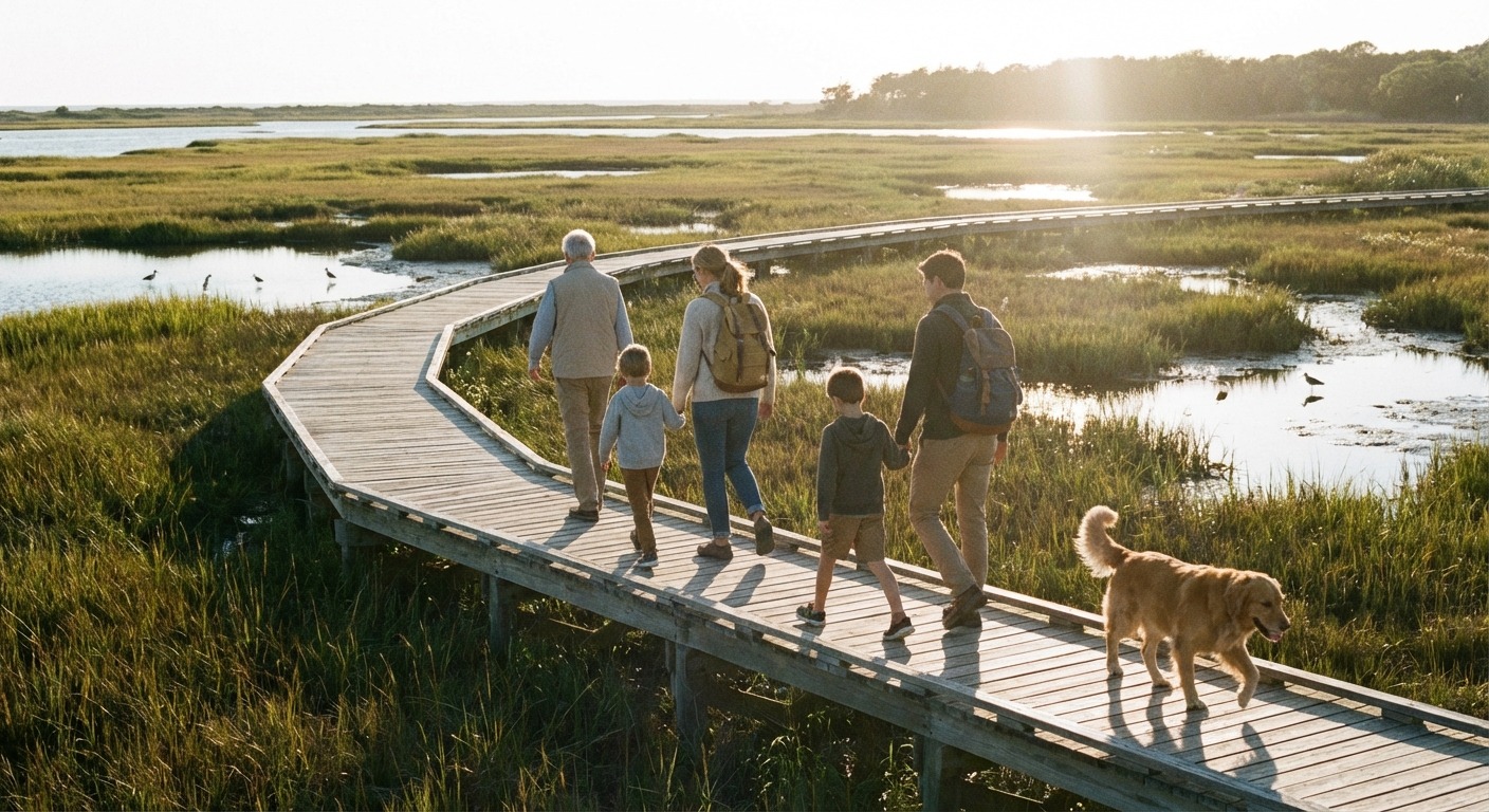 Family walking along a boardwalk through wetlands near Werribee
